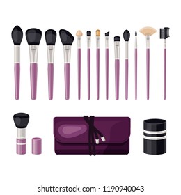 Vector set of professional brushes, case and tube for makeup, isolated on white background.