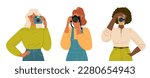 Vector set of professional female photographers. Hand drawn characters isolated on white background. Collection of creative women holding cameras and taking photos. People photographing
