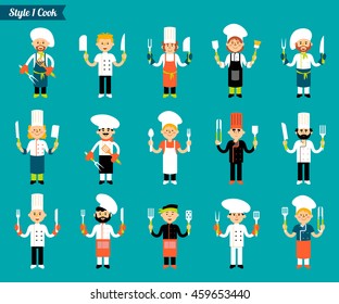 Vector set of professional kitchen staff, cook with a knife and cutlery in hand. Catering cuisine staff characters. In the flat style isolated on a blue background.