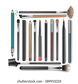 Vector Set of Professional Makeup Concealer Powder Blush Eye Shadow Brow Brushes and Eyeliner Lips Pencils with Caps Isolated on White Background