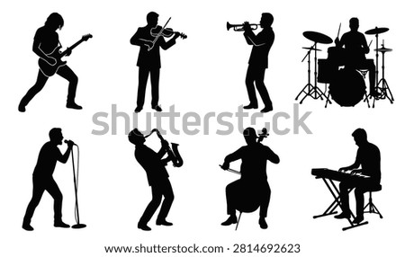 Vector set of professional musician silhouettes playing instruments including guitar violin trumpet drums singing saxophone cello and keyboard