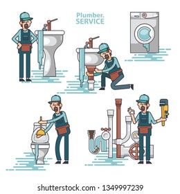 Vector set of professional plumbers repairing the broken home facilities, washbasin, toilet, cabin, washing machine, radiator, clog of pipes.