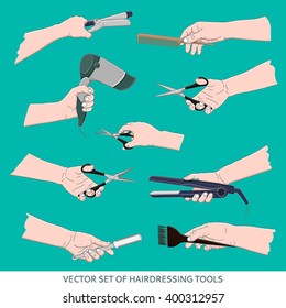 Vector set of professional tools barber and beauty salons. Equipment Collection Hair Care, held in the hand.