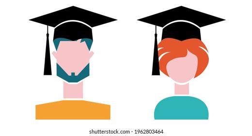 Vector set of profile icons for men and women in masks at graduation: anonymous male and female avatars, userpics. Isolated illustration, easy editable and ready to use colorful icon.