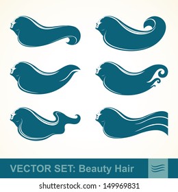Vector set of profiles of girls with long hair