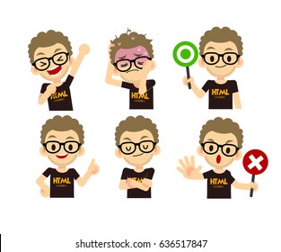 Vector Set of Programmer Character in different Actions isolated on White Background