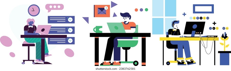 The "Vector Set Progressive Work From Home Illustrations" is a comprehensive and visually appealing collection of vector graphics that beautifully captures the evolution and diversity