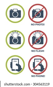 Vector set of prohibition icons, no camera, no flash, no phone 