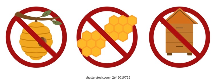 Vector set of prohibition signs with a beehive, apiary and honeycombs. Beekeeping is prohibited. Places prohibited for bees. Dangers of beekeeping