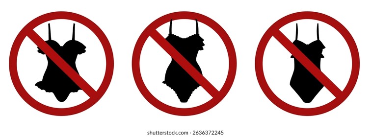 Vector set of prohibition signs with black silhouettes of swimsuits. Entry in swimwear is prohibited. It is forbidden to wear revealing clothes.