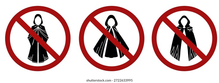 Conjunto vetorial de sinais de proibição com silhueta preta de roupas. Não são permitidas capas. Nenhum anonimato permitido. Sem entrada para mágicos. Recolha de sinais de proibição de autocolantes