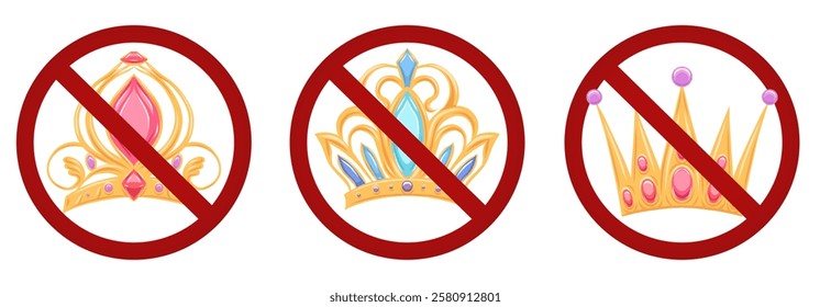 Vector set of prohibition signs with crowns. Monarchy in ban. Collection of forbidden stickers with luxurious tiaras. No queens and kings