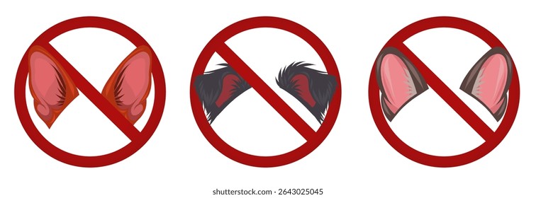 Vector set of prohibition signs with dog ears. No entry with dogs. Stickers cannot be used in the app. Collection of signs for stickers and banners