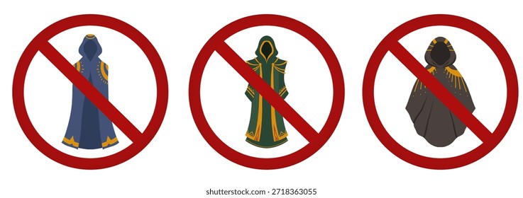 A vector set of prohibition signs. No capes allowed. No anonymity allowed. No entry for magicians. A collection of forbidden signs for stickers.
