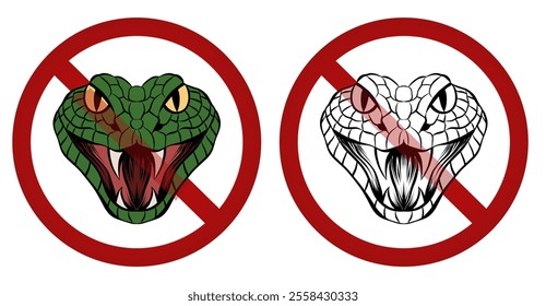 Vector set of prohibition signs with snakes head. Danger of poisonous bite. Collection of forbidden badges. Do not touch wild snakes.