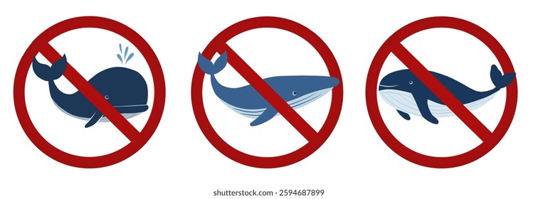 Vector set of prohibition signs with whales isolated from background. Collection of forbidden signs with fish. Whales in ban. Do not touch whales.