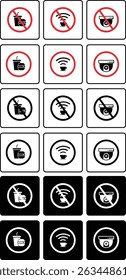 A vector set of prohibition and symbol icons including "No Outside Food or Drink", "No Signal", and "No Surveillance Camera", each shown in multiple styles: outlined, filled, crossed out, and color-in