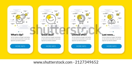 Vector set of Project deadline, Reject medal and Smile face line icons set. UI phone app screens with line icons. Support service icon. Time management, Award rejection, Chat. Human talking. Vector