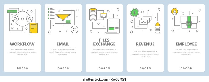 Vector Set Of Project Management Concept Vertical Banners. Workflow, Email, Files Exchange, Revenue, Employee Web Templates. Modern Thin Line Flat Symbols, Icons For Web, Print.