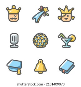 Vector Set Of Prom Icons. King, Firework, Queen, Equipment, Disco, Alcohol, Master, Last Call, Scenario.