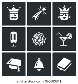 Vector Set of Prom Icons. King, Firework, Queen, Equipment, Disco, Alcohol, Master, Last Call, Scenario. Man, Celebration, Girl, Microphone, Lumiere, Cocktail, Graduation hat, Bell, Book