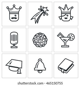 Vector Set of Prom Icons. King, Firework, Queen, Equipment, Disco, Alcohol, Master, Last Call, Scenario.