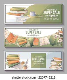 Vector Set Of Promo Sale Banners For Bookstore, Bookshop, Library.  Illustration Of Stack Of Books, Open Book. Vector Illustration For Poster, Banner, Advertising, Flyer.