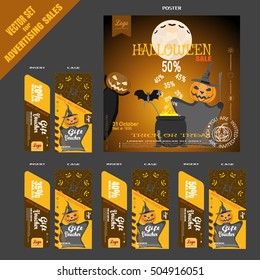 Vector set to promote Halloween sale with poster and gift vouchers.