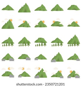 Vector set of protected isolated mountains, mountain peaks, hilltops, icebergs, nature landscapes. Landscape camping and hiking illustration. outdoor travel, adventure, tourism, start up design elemen