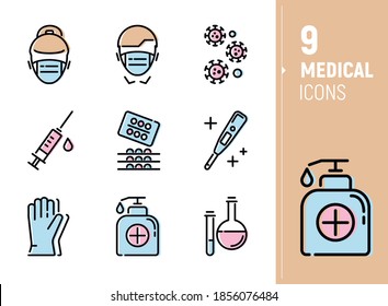 A vector set of Protection from coronavirus and flu medical topic icons.. A man in a mask, bacteria, medication, syringe, antiseptic, thermometer, gloves. Simple outline icons in color.