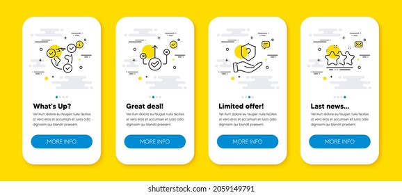 Vector set of Protection shield, Correct way and Online voting line icons set. UI phone app screens with line icons. Stars icon. Insurance claim, Good choice, Internet poll. Ranking stars. Vector