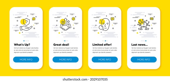 Vector set of Protection shield, Face search and Deal line icons set. UI phone app screens with line icons. Teamwork question icon. Insurance claim, Find user, Business rise. Remote work. Vector