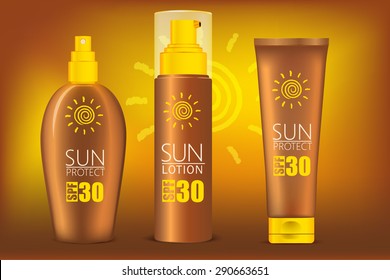 Vector Set of Protection  Sun Care Cosmetics packaging. Suntan Lotion, Oil and Sunscreen Cream.Illustration for your design, advertising posters.It can be used in a large format with your brand name.