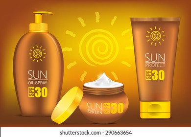 Vector Set of Protection  Sun Care Cosmetics packaging. Suntan Lotion, Oil and Sunscreen Cream.Illustration for your design, advertising posters.It can be used in a large format with your brand name.