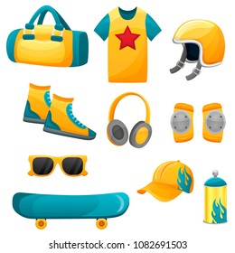 Vector set of protective skateboard gear and clothing. Graffiti and street art kit. Skateboarding sport equipment and accesories. Skate riding set. Vector illustration.