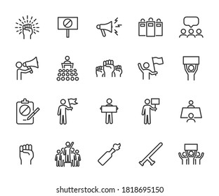 Vector set of protest line icons. Contains icons resistance, protester, petition, riot, police, strike, mob, negotiating table and more. Pixel perfect.