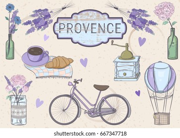 Vector set "Provence". Vector illustration of a lavender, a bicycle, a coffee grinder, a balloon, a cup with a croissant and flowers in vases