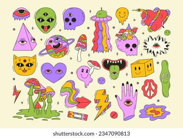 Vector set of psychedelic crazy halloween monsters and elements. Alien, ufo, skull, mushroom, mouth and other doodles. Groovy space stickers. 70s and 80s style funky design. Abstract acid art 