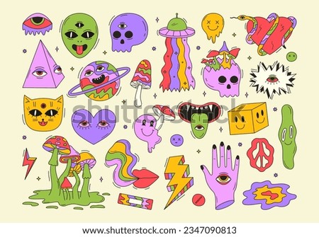 Vector set of psychedelic crazy halloween monsters and elements. Alien, ufo, skull, mushroom, mouth and other doodles. Groovy space stickers. 70s and 80s style funky design. Abstract acid art 