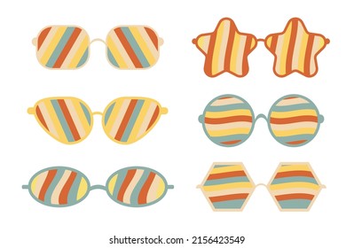 Vector set of psychedelic sunglasses in the style of the 1970s. Retro groovy graphic elements of glasses with rainbow, lines and waves. Hippie boho style stickers