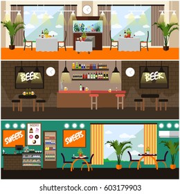 Vector set of pub, brasserie and restaurant interior concept posters, banners. Flat style design elements.