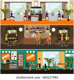 Vector set of pub, brasserie and restaurant concept posters, banners. Waiters, people drinking beer, having dinner, lunch or supper, flat style design elements.