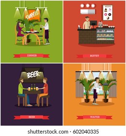 Vector set of pub concept posters. Dinner, Buffet, Beer and Waiter flat style design elements.