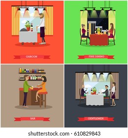 Vector set of pub and restaurant concept posters. Garcon, Fine dining, Bar and Gentlemen flat style design elements.