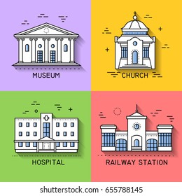 Vector set of public city buildings: museum, church, hospital, railway station. Trendy flat line square icons on color background. 