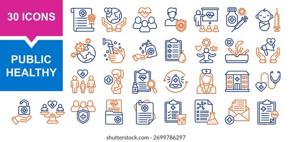 Conjunto de Vector de colección de color público saludable. Contiene atención médica, medicamentos, hospital, público