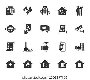 Vector set of public utilities flat icons. Contains icons utility bills, plumber, water meters, video surveillance, cleaning, survey, neighborhood, house chat, request and more. Pixel perfect.