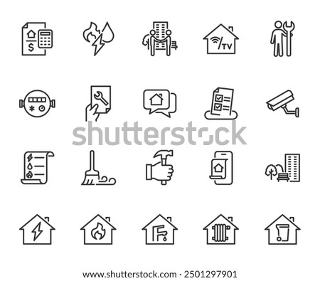 Vector set of public utilities line icons. Contains icons utility bills, plumber, water meters, video surveillance, cleaning, survey, neighborhood, house chat, request and more. Pixel perfect.