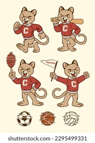 vector Set of Puma Cougar Sport Mascot in Vintage Retro Hand Drawn Style