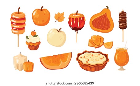 Conjunto vectorial de platos de calabaza y postres. Alimentos tradicionales de Halloween: manzanas caramelo, tarta de calabaza.